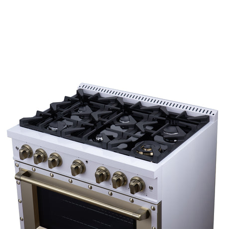 Valente 36" Dual Fuel Range in White, 6 Sealed Burners, 71 000 BTU Cooktop Output , 5.2 Cu.Ft. convection Oven, Telescopic Racks