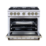 Valente 36" Dual Fuel Range in White, 6 Sealed Burners, 71 000 BTU Cooktop Output , 5.2 Cu.Ft. convection Oven, Telescopic Racks