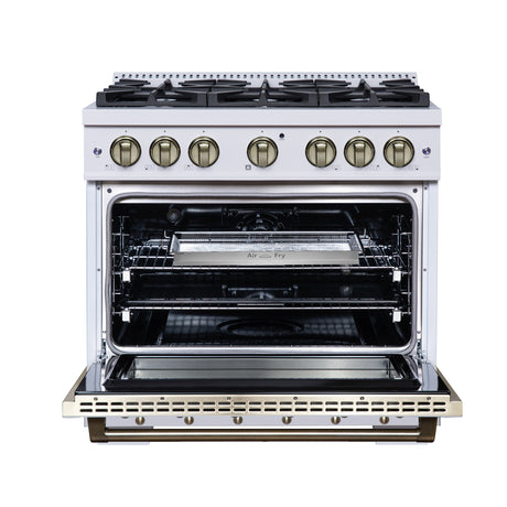 Valente 36" Dual Fuel Range in White, 6 Sealed Burners, 71 000 BTU Cooktop Output , 5.2 Cu.Ft. convection Oven, Telescopic Racks