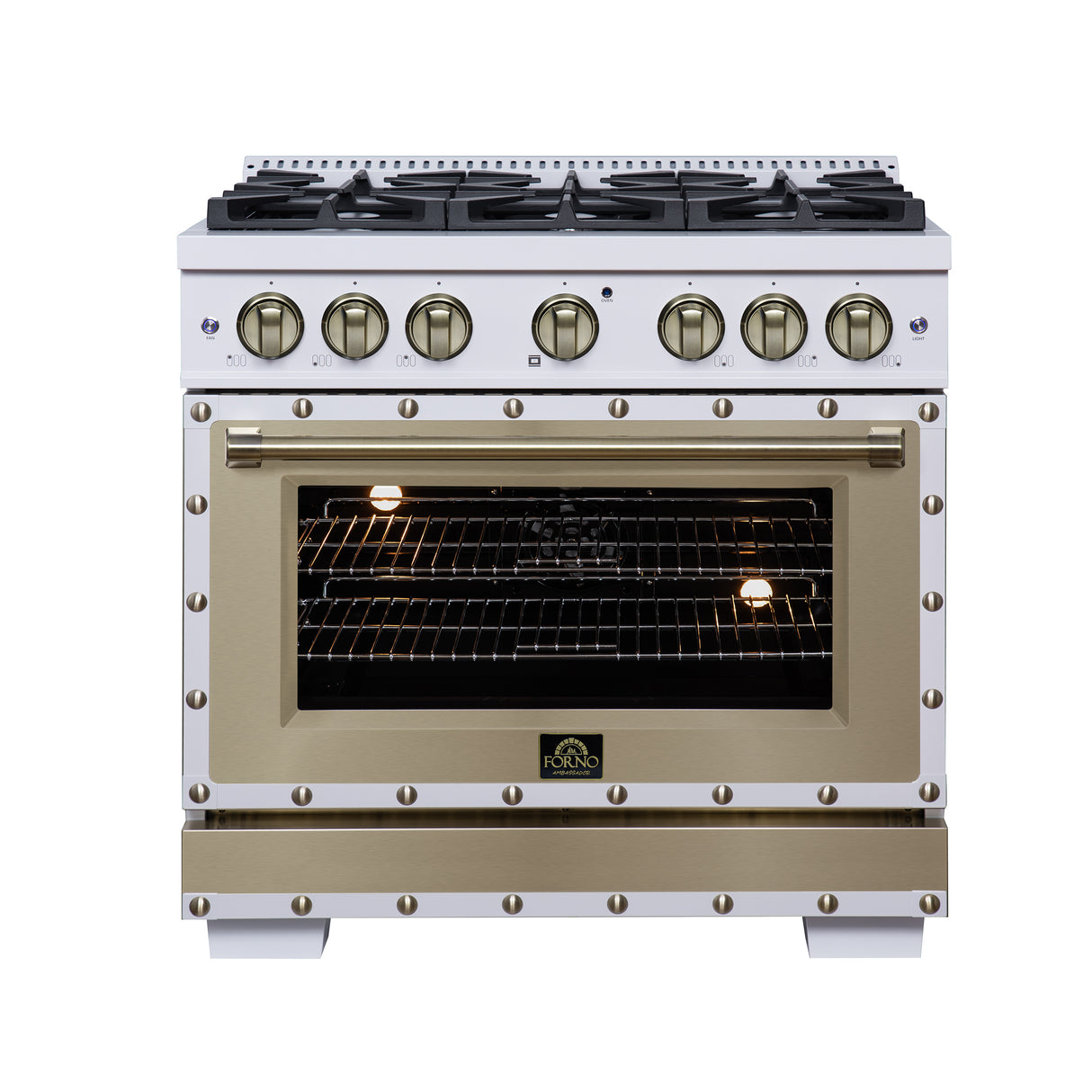 Valente 36" Dual Fuel Range in White, 6 Sealed Burners, 71 000 BTU Cooktop Output , 5.2 Cu.Ft. convection Oven, Telescopic Racks