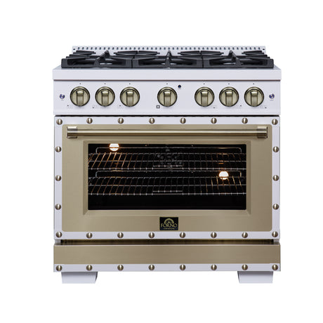 Valente 36" Dual Fuel Range in White, 6 Sealed Burners, 71 000 BTU Cooktop Output , 5.2 Cu.Ft. convection Oven, Telescopic Racks
