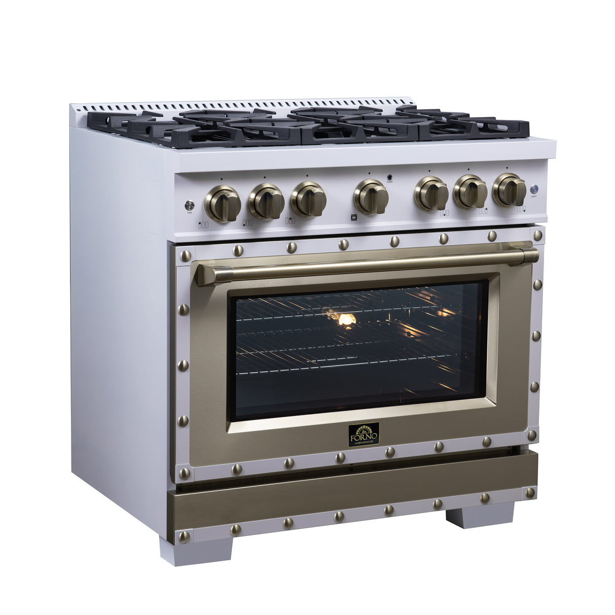 Valente 36" Dual Fuel Range in White, 6 Sealed Burners, 71 000 BTU Cooktop Output , 5.2 Cu.Ft. convection Oven, Telescopic Racks