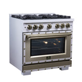 Valente 36" Dual Fuel Range in White, 6 Sealed Burners, 71 000 BTU Cooktop Output , 5.2 Cu.Ft. convection Oven, Telescopic Racks
