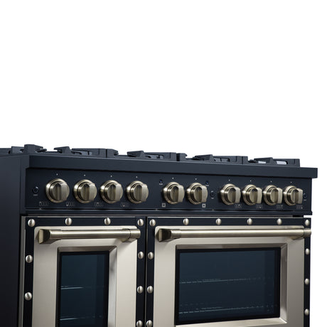 Valente 48" Dual Fuel Range in Black, 8 Sealed Burners, 94 000 BTU Cooktop Output, 6.7 Cu.Ft. Double Oven, Telescopic Racks