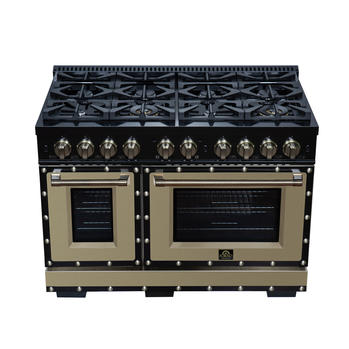 Valente 48" Dual Fuel Range in Black, 8 Sealed Burners, 94 000 BTU Cooktop Output, 6.7 Cu.Ft. Double Oven, Telescopic Racks