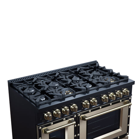 Valente 48" Dual Fuel Range in Black, 8 Sealed Burners, 94 000 BTU Cooktop Output, 6.7 Cu.Ft. Double Oven, Telescopic Racks