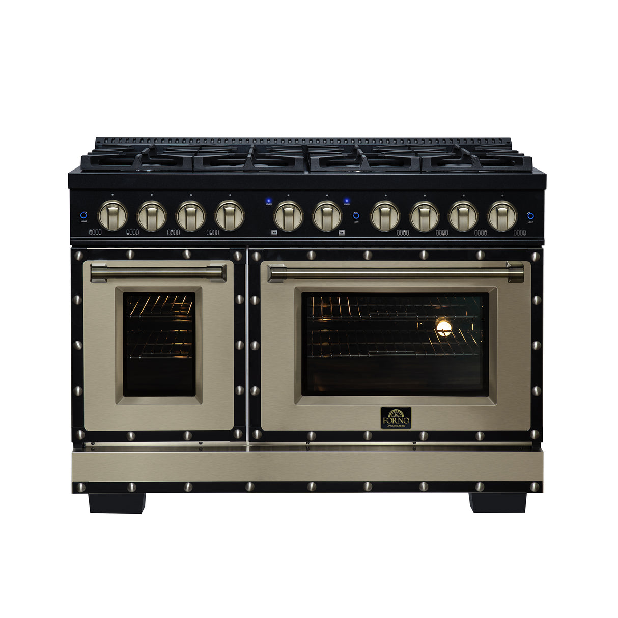Valente 48" Dual Fuel Range in Black, 8 Sealed Burners, 94 000 BTU Cooktop Output, 6.7 Cu.Ft. Double Oven, Telescopic Racks