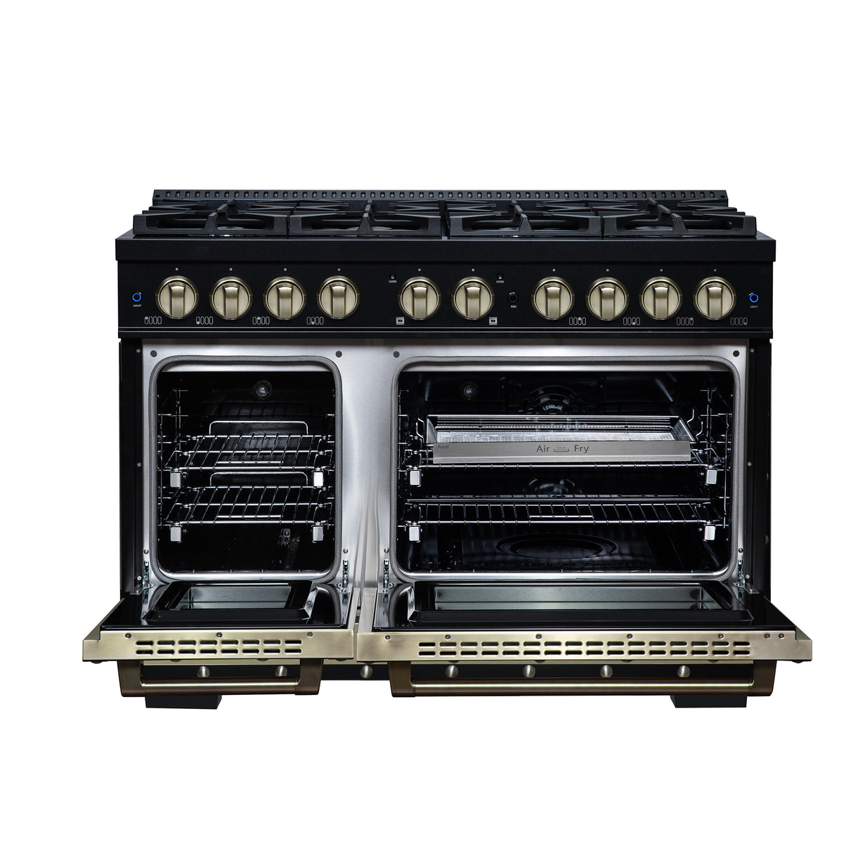 Valente 48" Dual Fuel Range in Black, 8 Sealed Burners, 94 000 BTU Cooktop Output, 6.7 Cu.Ft. Double Oven, Telescopic Racks