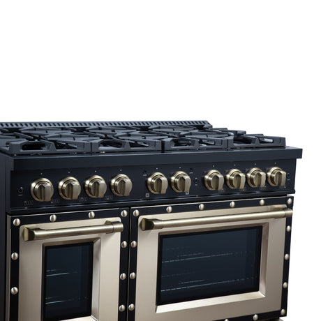 Valente 48" Dual Fuel Range in Black, 8 Sealed Burners, 94 000 BTU Cooktop Output, 6.7 Cu.Ft. Double Oven, Telescopic Racks