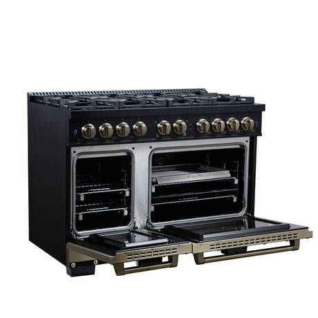 Valente 48" Dual Fuel Range in Black, 8 Sealed Burners, 94 000 BTU Cooktop Output, 6.7 Cu.Ft. Double Oven, Telescopic Racks