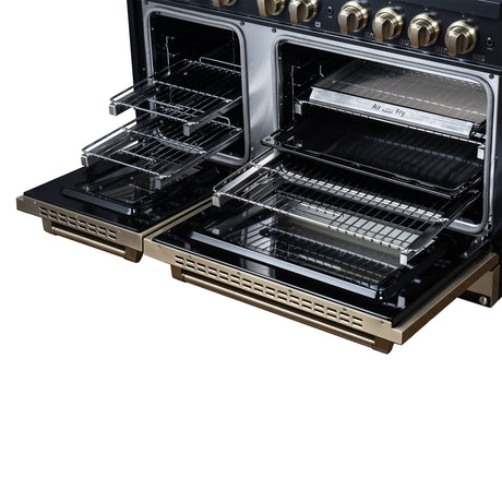 Valente 48" Dual Fuel Range in Black, 8 Sealed Burners, 94 000 BTU Cooktop Output, 6.7 Cu.Ft. Double Oven, Telescopic Racks