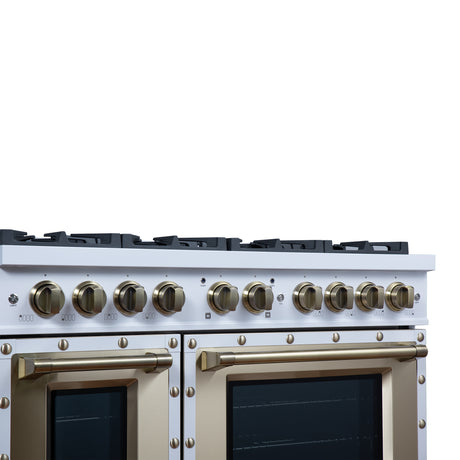 Valente 48" Dual Fuel Range in White, 8 Sealed Burners, 94 000 BTU Cooktop Output, 6.7 Cu.Ft. Double Oven, Telescopic Racks