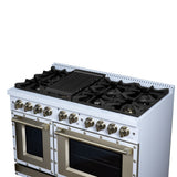 Valente 48" Dual Fuel Range in White, 8 Sealed Burners, 94 000 BTU Cooktop Output, 6.7 Cu.Ft. Double Oven, Telescopic Racks