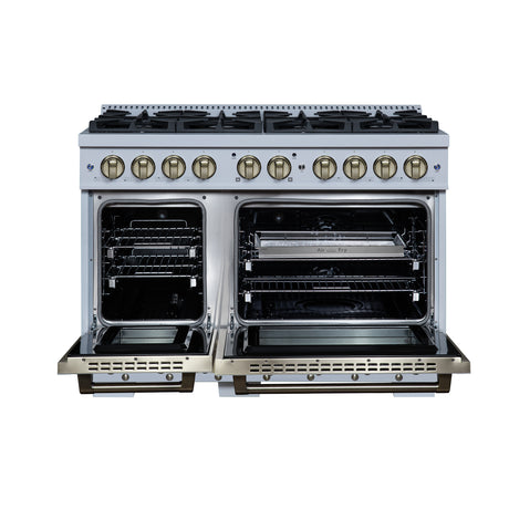 Valente 48" Dual Fuel Range in White, 8 Sealed Burners, 94 000 BTU Cooktop Output, 6.7 Cu.Ft. Double Oven, Telescopic Racks