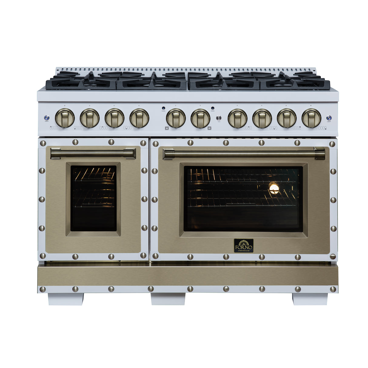 Valente 48" Dual Fuel Range in White, 8 Sealed Burners, 94 000 BTU Cooktop Output, 6.7 Cu.Ft. Double Oven, Telescopic Racks