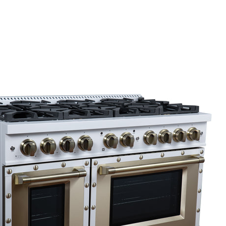 Valente 48" Dual Fuel Range in White, 8 Sealed Burners, 94 000 BTU Cooktop Output, 6.7 Cu.Ft. Double Oven, Telescopic Racks