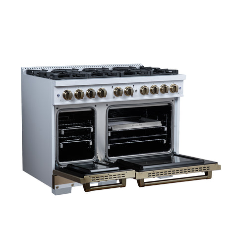 Valente 48" Dual Fuel Range in White, 8 Sealed Burners, 94 000 BTU Cooktop Output, 6.7 Cu.Ft. Double Oven, Telescopic Racks