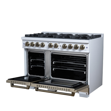 Valente 48" Dual Fuel Range in White, 8 Sealed Burners, 94 000 BTU Cooktop Output, 6.7 Cu.Ft. Double Oven, Telescopic Racks