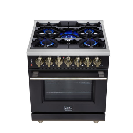 Forno Massimo 30-Inch Freestanding Dual Fuel Range in Black with Antique Brass Accessories, 4 Burners, 4.32 cu. ft. Convection Oven
