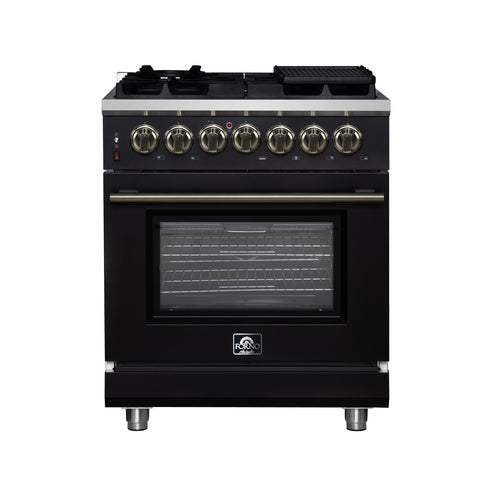 Forno Massimo 30-Inch Freestanding Dual Fuel Range in Black with Antique Brass Accessories, 4 Burners, 4.32 cu. ft. Convection Oven
