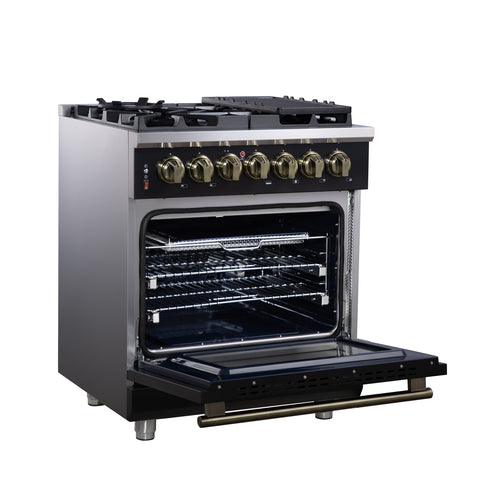 Forno Massimo 30-Inch Freestanding Dual Fuel Range in Black with Antique Brass Accessories, 4 Burners, 4.32 cu. ft. Convection Oven