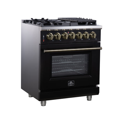 Forno Massimo 30-Inch Freestanding Dual Fuel Range in Black with Antique Brass Accessories, 4 Burners, 4.32 cu. ft. Convection Oven