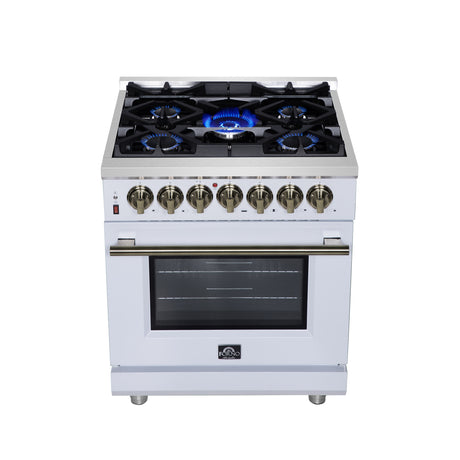 Forno Massimo 30-Inch Freestanding Dual Fuel Range in White with Antique Brass Accessories, 4 Burners, 4.32 cu. ft. Convection Oven