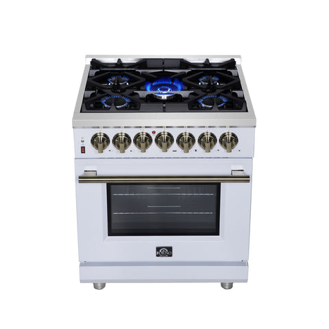 Forno Massimo 30-Inch Freestanding Dual Fuel Range in White with Antique Brass Accessories, 4 Burners, 4.32 cu. ft. Convection Oven