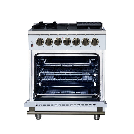 Forno Massimo 30-Inch Freestanding Dual Fuel Range in White with Antique Brass Accessories, 4 Burners, 4.32 cu. ft. Convection Oven