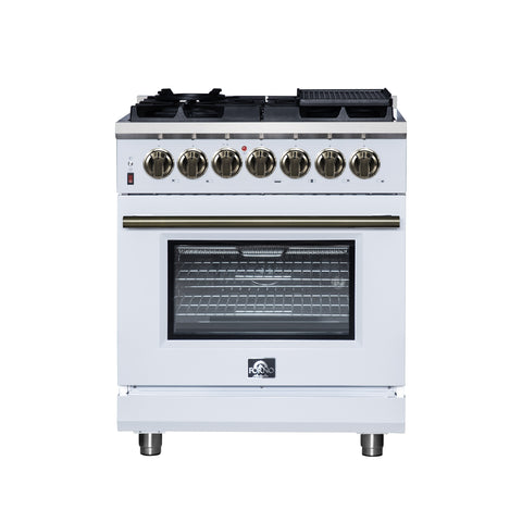 Forno Massimo 30-Inch Freestanding Dual Fuel Range in White with Antique Brass Accessories, 4 Burners, 4.32 cu. ft. Convection Oven