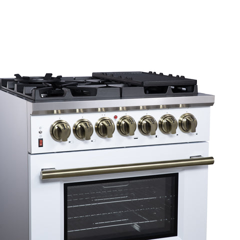 Forno Massimo 30-Inch Freestanding Dual Fuel Range in White with Antique Brass Accessories, 4 Burners, 4.32 cu. ft. Convection Oven