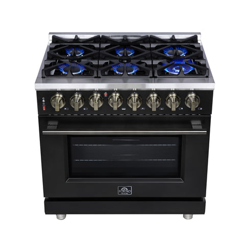 Forno Massimo 36 Inch Freestanding Dual Fuel Range in Black with Antique Brass Accessories, 6 Burners, 5.36 cu. ft. Convection Oven