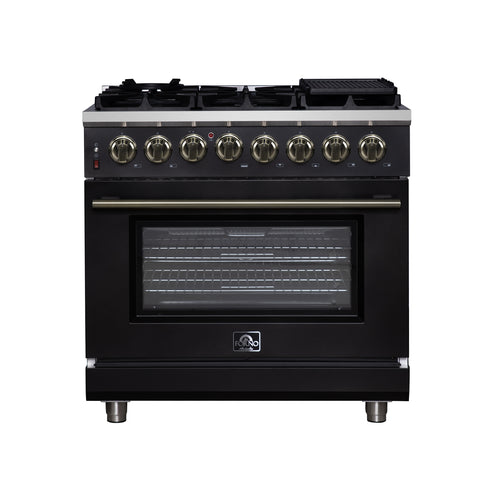 Forno Massimo 36 Inch Freestanding Dual Fuel Range in Black with Antique Brass Accessories, 6 Burners, 5.36 cu. ft. Convection Oven