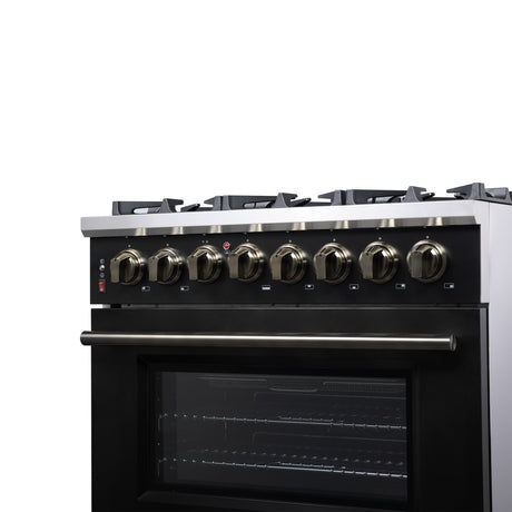 Forno Massimo 36 Inch Freestanding Dual Fuel Range in Black with Antique Brass Accessories, 6 Burners, 5.36 cu. ft. Convection Oven