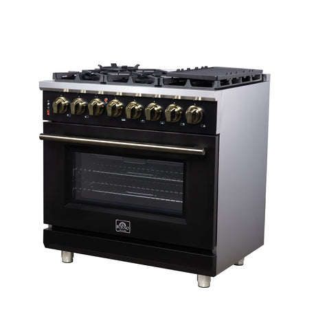 Forno Massimo 36 Inch Freestanding Dual Fuel Range in Black with Antique Brass Accessories, 6 Burners, 5.36 cu. ft. Convection Oven