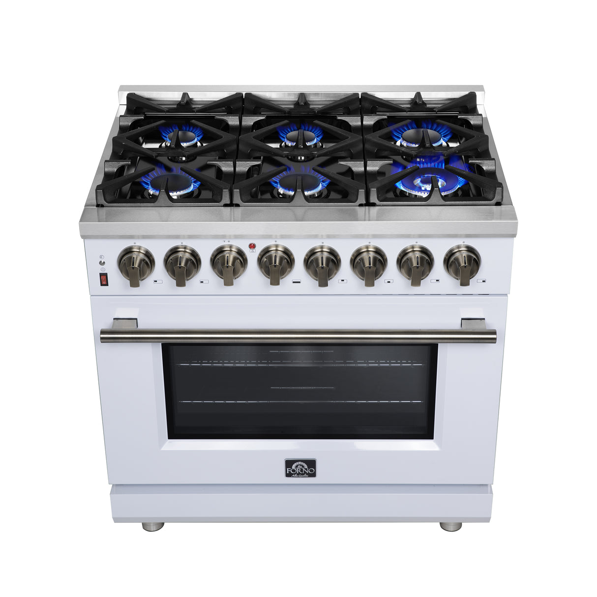 Forno Massimo 36 Inch Freestanding Dual Fuel Range in White with Antique Brass Accessories, 6 Burners, 5.36 cu. ft. Convection Oven
