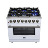Forno Massimo 36 Inch Freestanding Dual Fuel Range in White with Antique Brass Accessories, 6 Burners, 5.36 cu. ft. Convection Oven