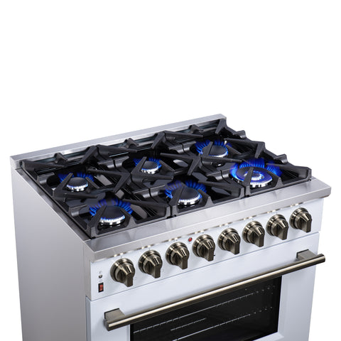 Forno Massimo 36 Inch Freestanding Dual Fuel Range in White with Antique Brass Accessories, 6 Burners, 5.36 cu. ft. Convection Oven