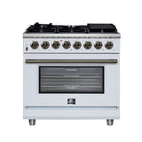 Forno Massimo 36 Inch Freestanding Dual Fuel Range in White with Antique Brass Accessories, 6 Burners, 5.36 cu. ft. Convection Oven