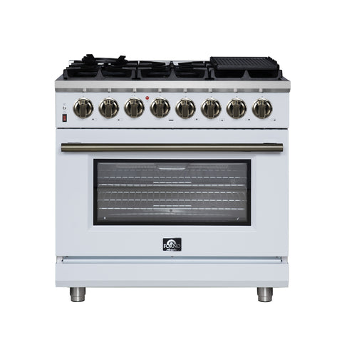 Forno Massimo 36 Inch Freestanding Dual Fuel Range in White with Antique Brass Accessories, 6 Burners, 5.36 cu. ft. Convection Oven
