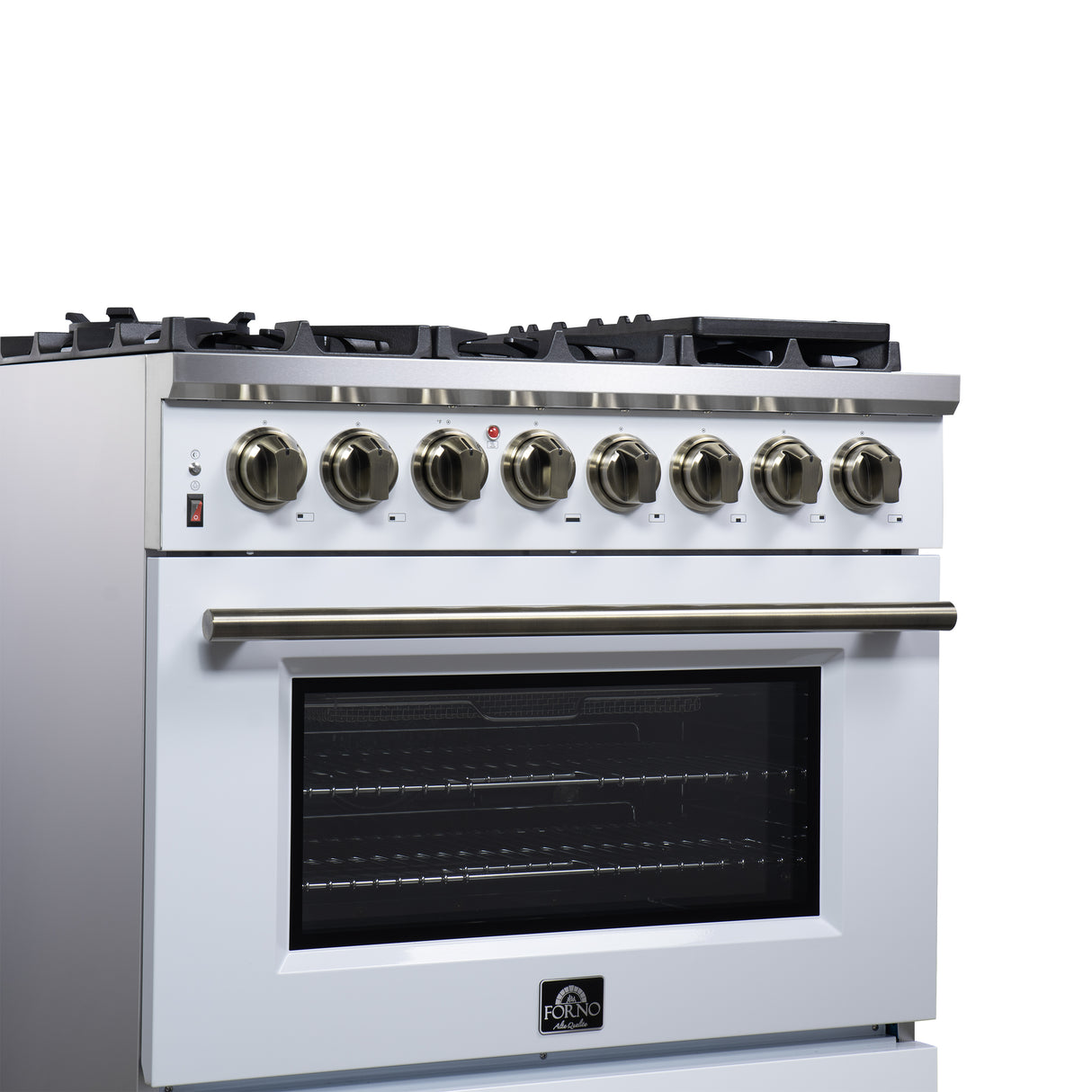 Forno Massimo 36 Inch Freestanding Dual Fuel Range in White with Antique Brass Accessories, 6 Burners, 5.36 cu. ft. Convection Oven