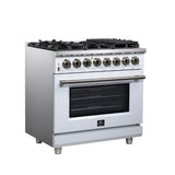 Forno Massimo 36 Inch Freestanding Dual Fuel Range in White with Antique Brass Accessories, 6 Burners, 5.36 cu. ft. Convection Oven