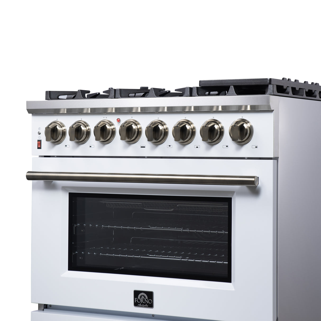 Forno Massimo 36 Inch Freestanding Dual Fuel Range in White with Antique Brass Accessories, 6 Burners, 5.36 cu. ft. Convection Oven