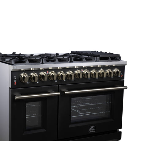Forno Massimo 48 Inch Freestanding Dual Fuel Range in Black with Antique Brass Accessories, 8 Burners, 6.58 cu. ft. Convection Oven
