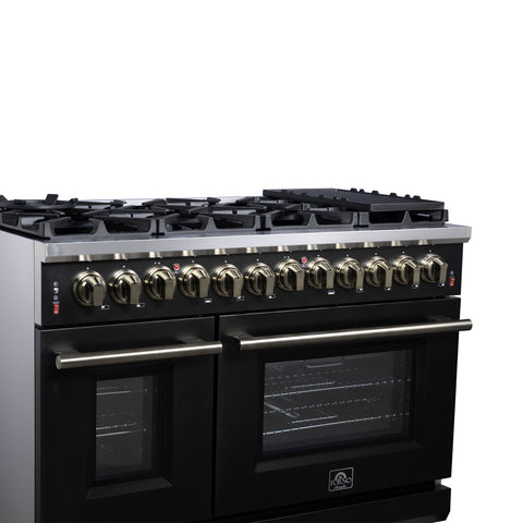Forno Massimo 48 Inch Freestanding Dual Fuel Range in Black with Antique Brass Accessories, 8 Burners, 6.58 cu. ft. Convection Oven