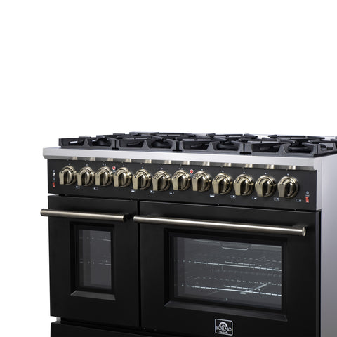 Forno Massimo 48 Inch Freestanding Dual Fuel Range in Black with Antique Brass Accessories, 8 Burners, 6.58 cu. ft. Convection Oven