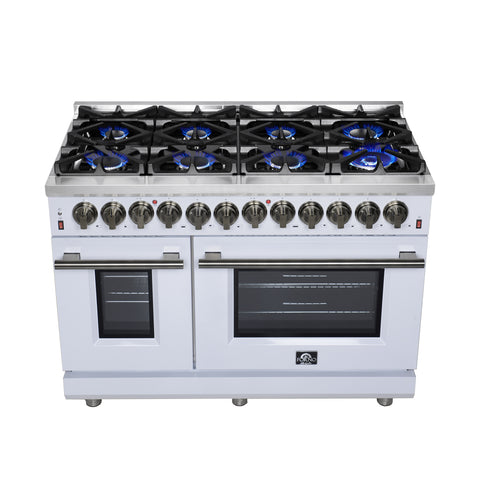 Forno Massimo 48 Inch Freestanding Dual Fuel Range in White with Antique Brass Accessories, 8 Burners, 6.58 cu. ft. Convection Oven