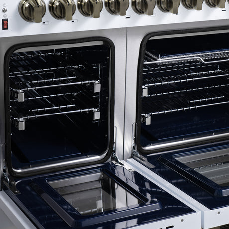 Forno Massimo 48 Inch Freestanding Dual Fuel Range in White with Antique Brass Accessories, 8 Burners, 6.58 cu. ft. Convection Oven