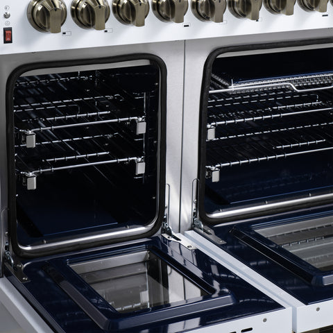 Forno Massimo 48 Inch Freestanding Dual Fuel Range in White with Antique Brass Accessories, 8 Burners, 6.58 cu. ft. Convection Oven