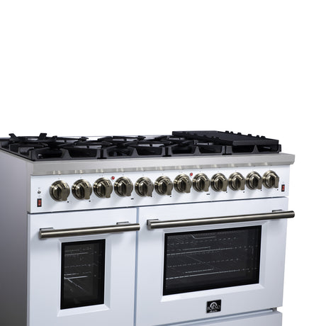 Forno Massimo 48 Inch Freestanding Dual Fuel Range in White with Antique Brass Accessories, 8 Burners, 6.58 cu. ft. Convection Oven